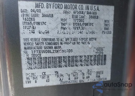 2002 Ford F-150 Lariat/Xlt z USA, uszkodzony, nr VIN 1FTRW08L22KC98708